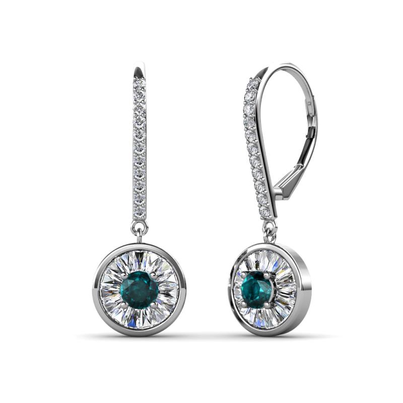 Lillac Iris Round London Blue Topaz and Baguette Diamond Halo Dangling Earrings 