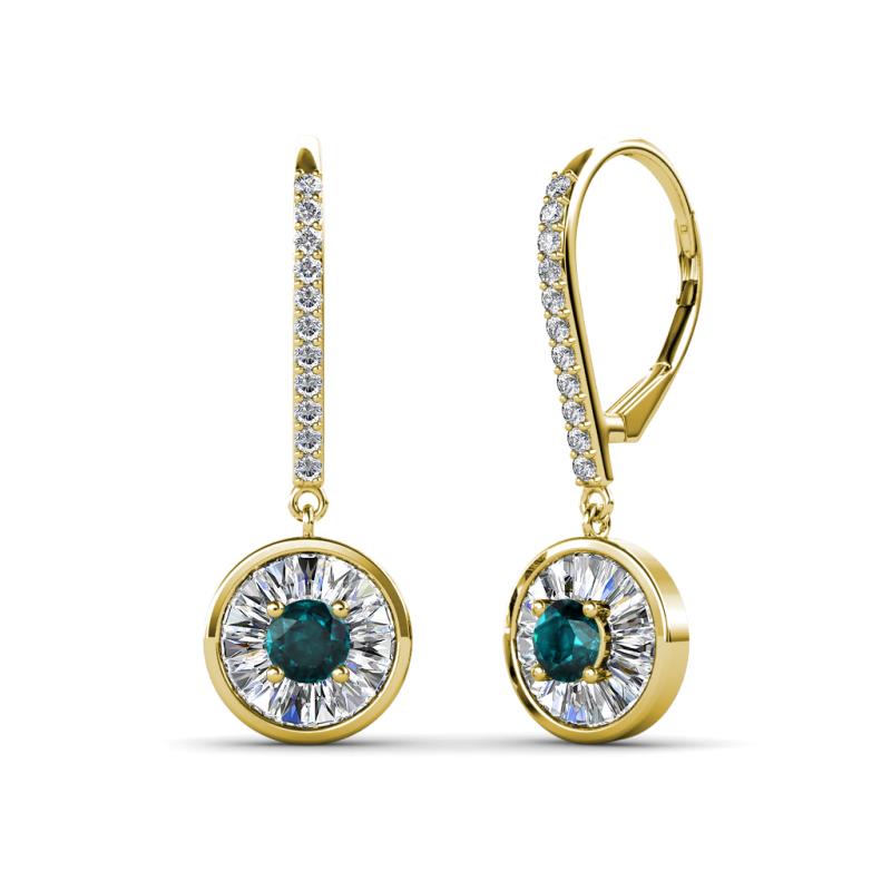 Lillac Iris Round London Blue Topaz and Baguette Diamond Halo Dangling Earrings 