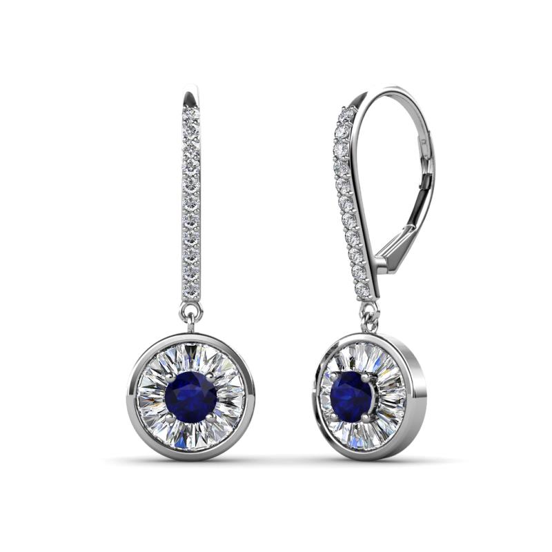Lillac Iris Round Blue Sapphire and Baguette Diamond Halo Dangling Earrings 