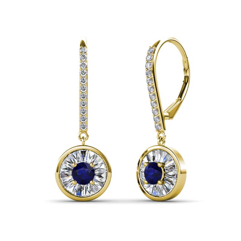 Lillac Iris Round Blue Sapphire and Baguette Diamond Halo Dangling Earrings 