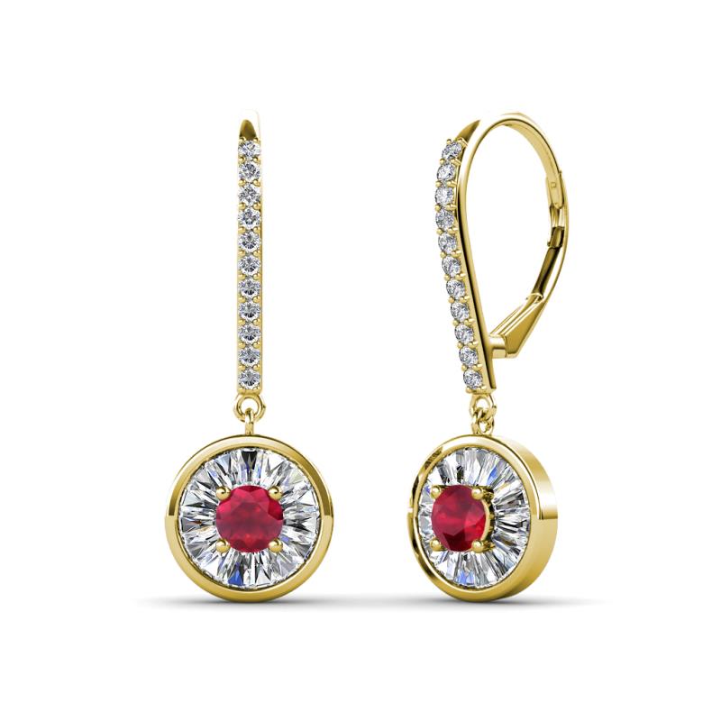 Lillac Iris Round Ruby and Baguette Diamond Halo Dangling Earrings 
