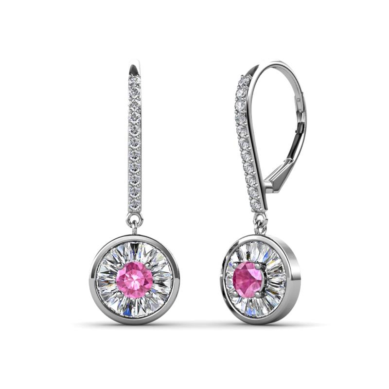 Lillac Iris Round Pink Sapphire and Baguette Diamond Halo Dangling Earrings 