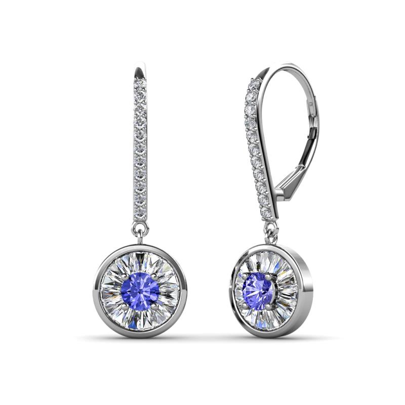 Lillac Iris Round Tanzanite and Baguette Diamond Halo Dangling Earrings 