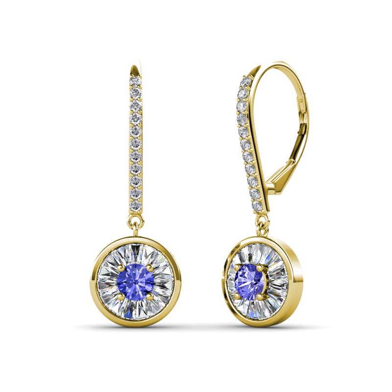 Lillac Iris Round Tanzanite and Baguette Diamond Halo Dangling Earrings 