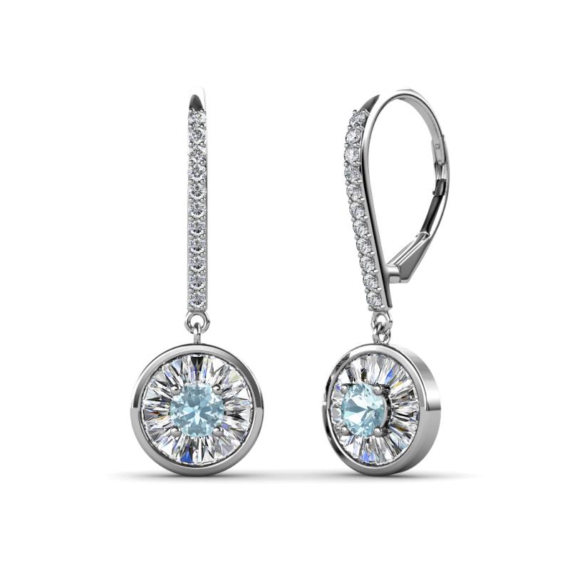 Lillac Iris Round Aquamarine and Baguette Diamond Halo Dangling Earrings 