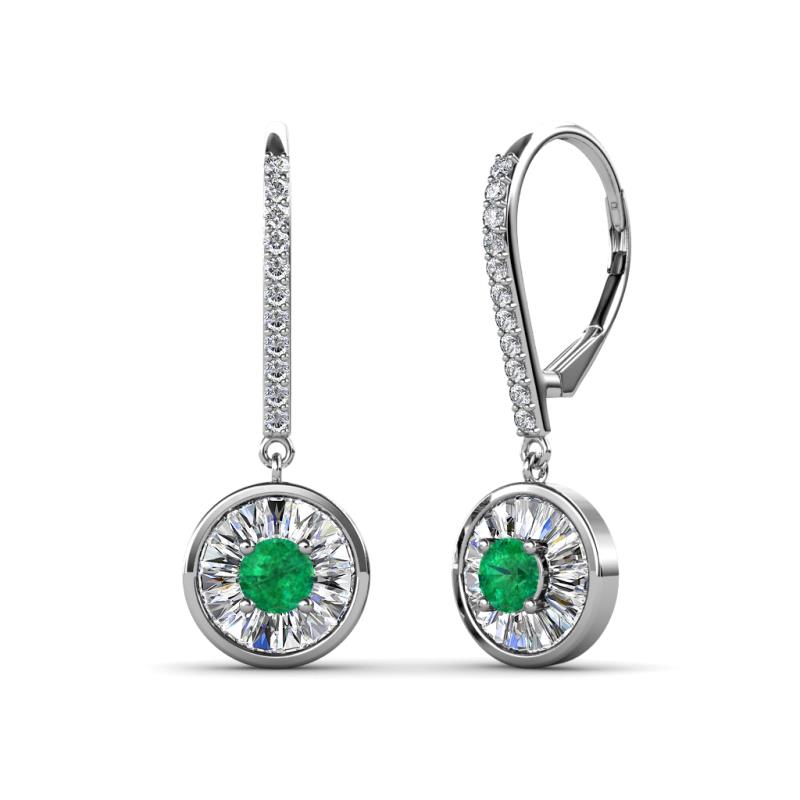 Lillac Iris Round Emerald and Baguette Diamond Halo Dangling Earrings 