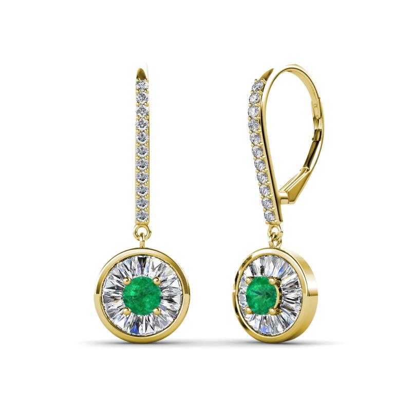 Lillac Iris Round Emerald and Baguette Diamond Halo Dangling Earrings 