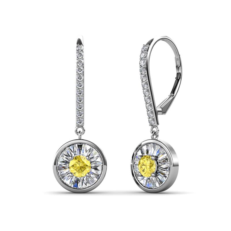 Lillac Iris Round Yellow Sapphire and Baguette Diamond Halo Dangling Earrings 