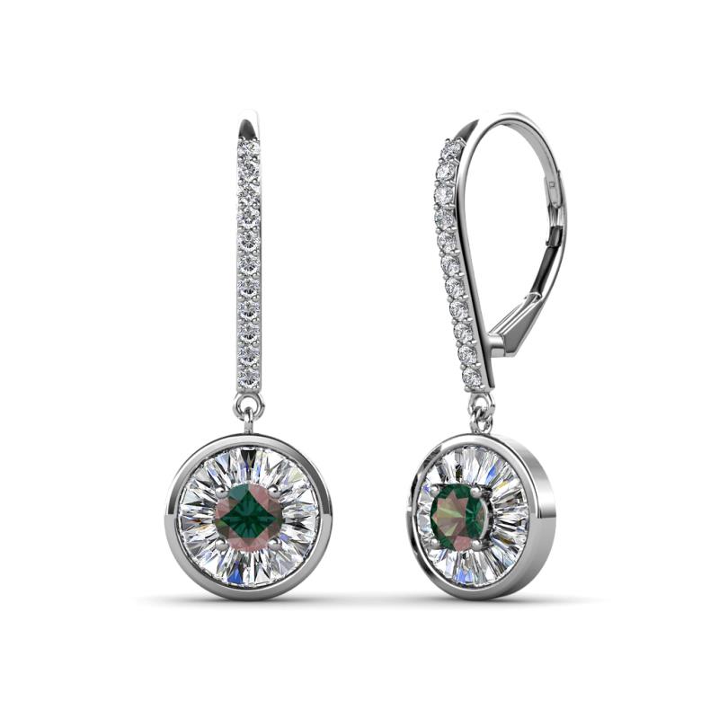 Lillac Iris Round Created Alexandrite and Baguette Diamond Halo Dangling Earrings 