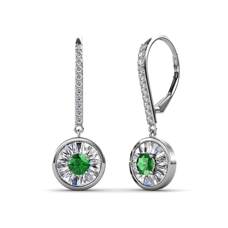 Lillac Iris Round Green Garnet and Baguette Diamond Halo Dangling Earrings 
