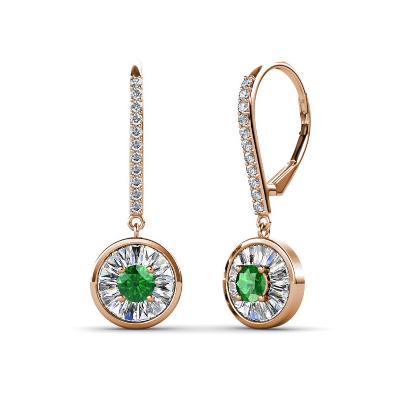 Lillac Iris Round Green Garnet and Baguette Diamond Halo Dangling Earrings 