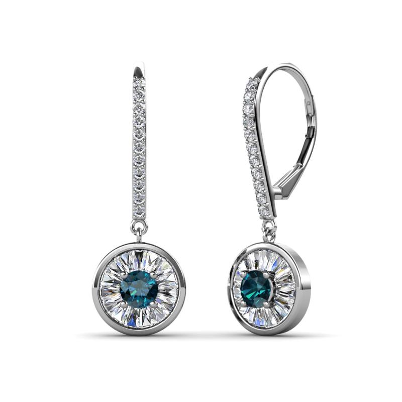 Lillac Iris Round Blue Diamond and Baguette White Diamond Halo Dangling Earrings 