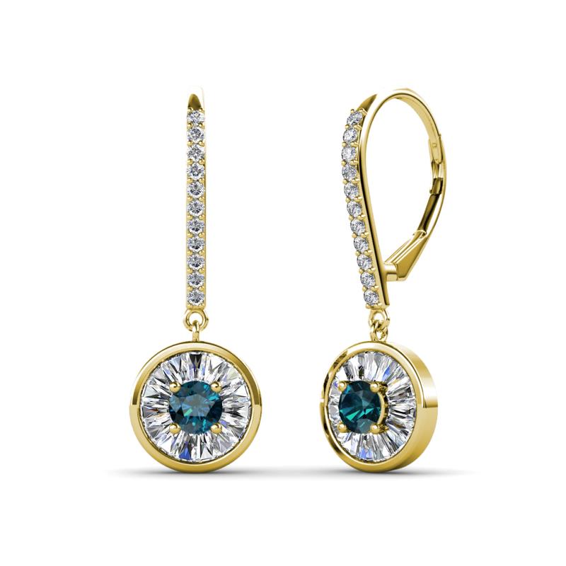 Lillac Iris Round Blue Diamond and Baguette White Diamond Halo Dangling Earrings 