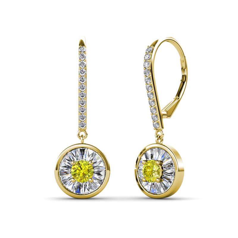 Lillac Iris Round Yellow Diamond and Baguette White Diamond Halo Dangling Earrings 