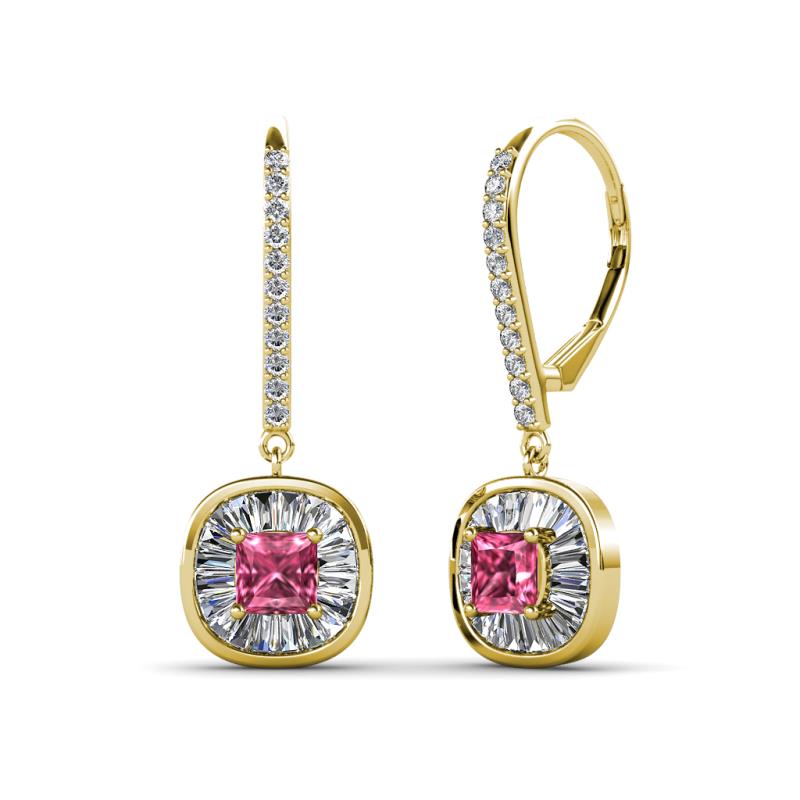 Blossom Iris Princess Cut Pink Tourmaline and Baguette Diamond Halo Dangling Earrings 