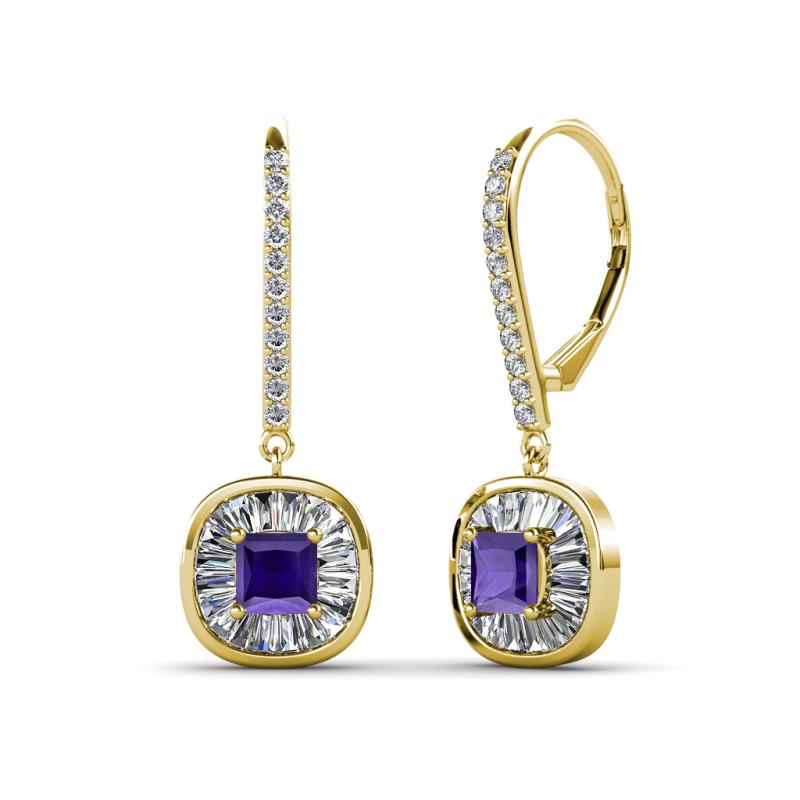 Blossom Iris Princess Cut Iolite and Baguette Diamond Halo Dangling Earrings 