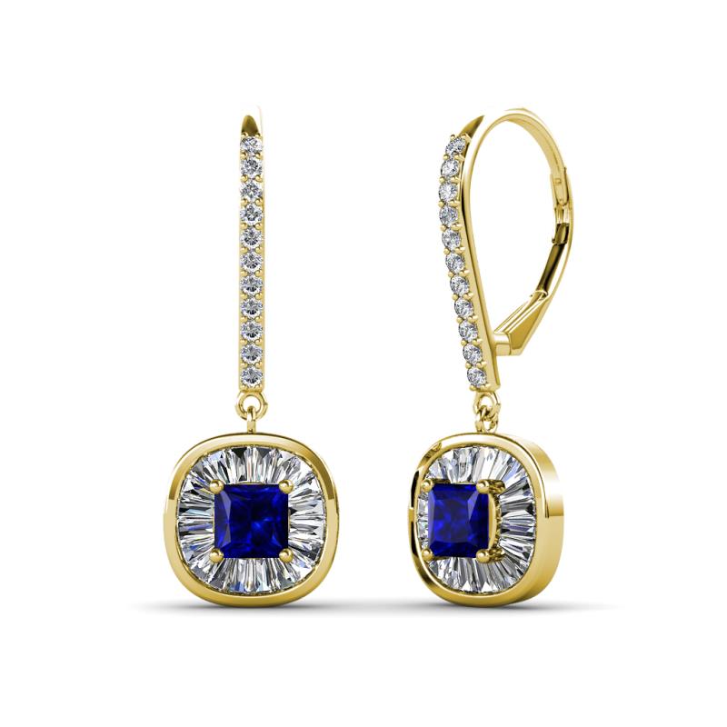 Blossom Iris Princess Cut Blue Sapphire and Baguette Diamond Halo Dangling Earrings 