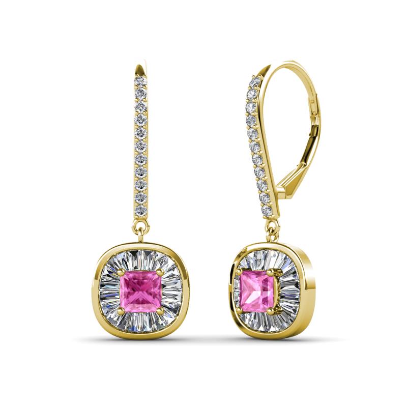 Blossom Iris Princess Cut Pink Sapphire and Baguette Diamond Halo Dangling Earrings 