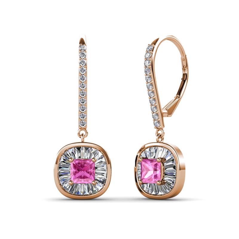 Blossom Iris Princess Cut Pink Sapphire and Baguette Diamond Halo Dangling Earrings 
