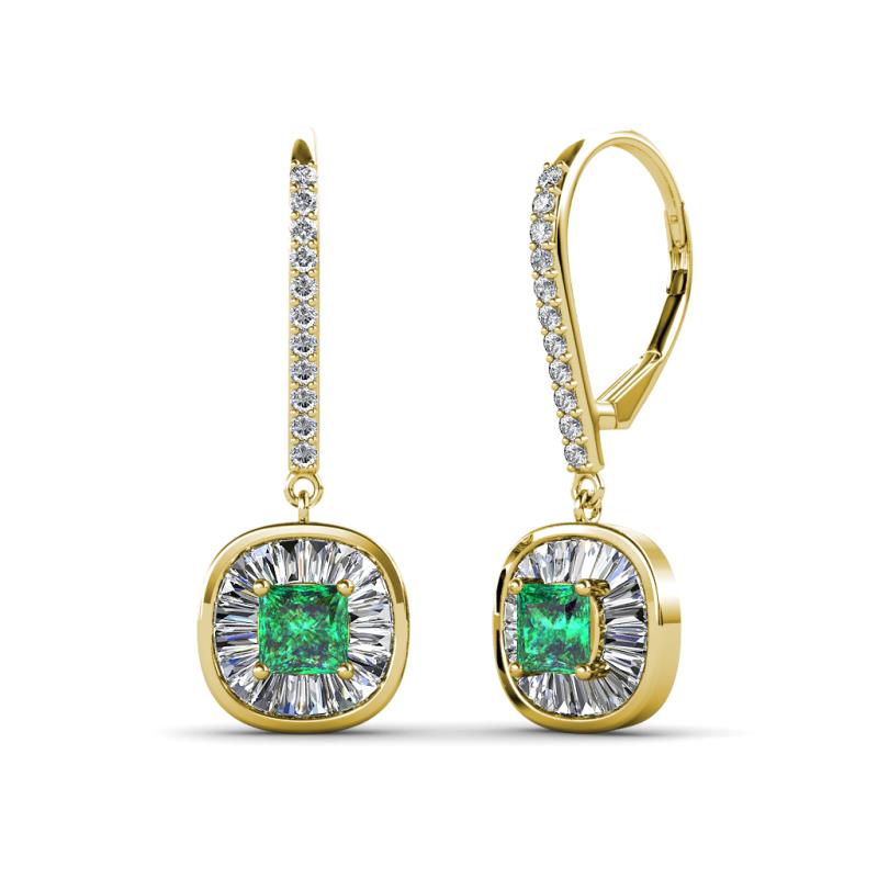 Blossom Iris Princess Cut Emerald and Baguette Diamond Halo Dangling Earrings 