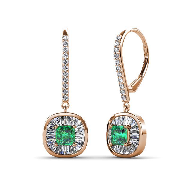 Blossom Iris Princess Cut Emerald and Baguette Diamond Halo Dangling Earrings 