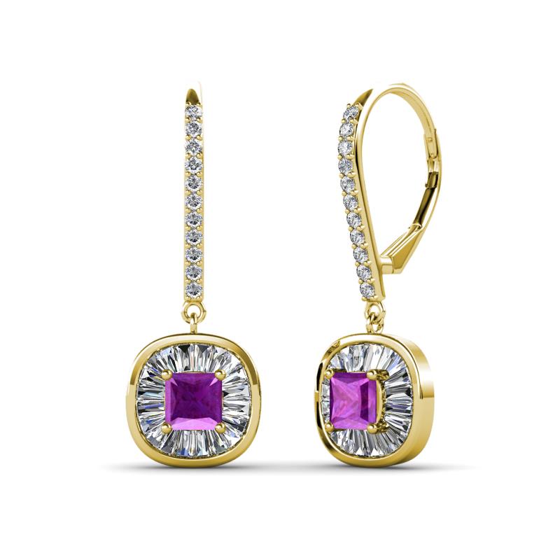 Blossom Iris Princess Cut Amethyst and Baguette Diamond Halo Dangling Earrings 