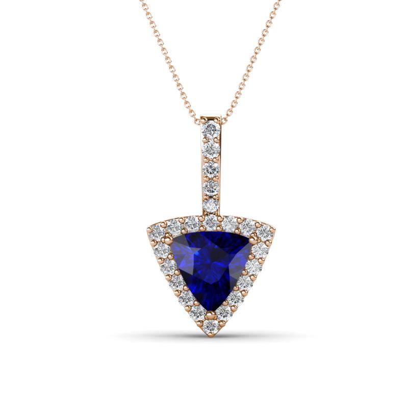 Barbara Trillion Cut Lab Created Blue Sapphire and Round Diamond Halo Pendant Necklace 