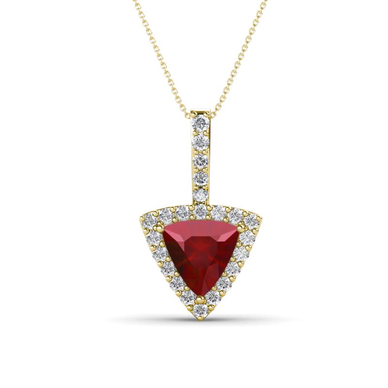Barbara Trillion Cut Lab Created Ruby and Round Diamond Halo Pendant Necklace 