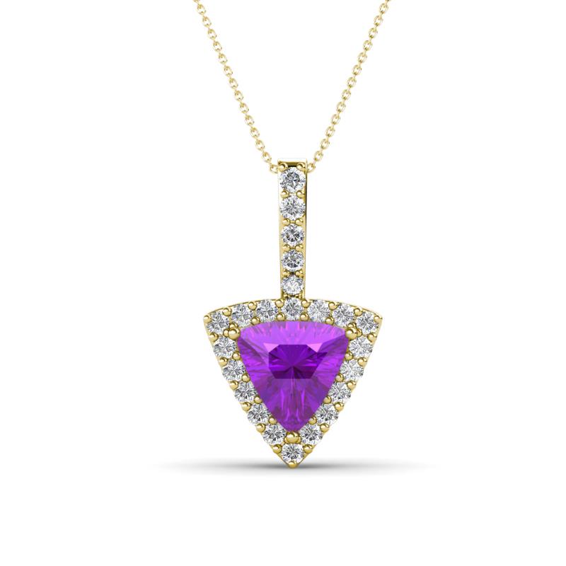 Barbara Trillion Cut Amethyst and Round Diamond Halo Pendant Necklace 