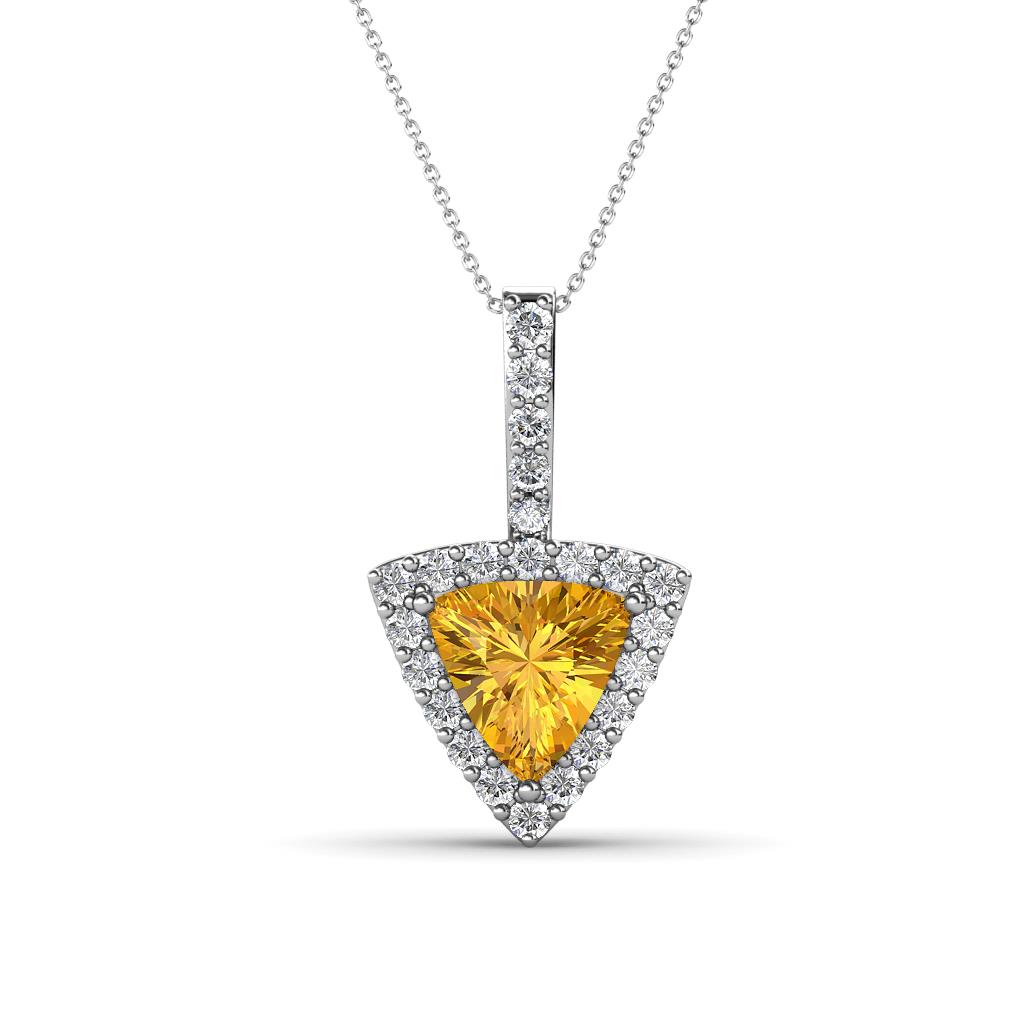 Barbara Trillion Cut Citrine and Round Diamond Halo Pendant Necklace 