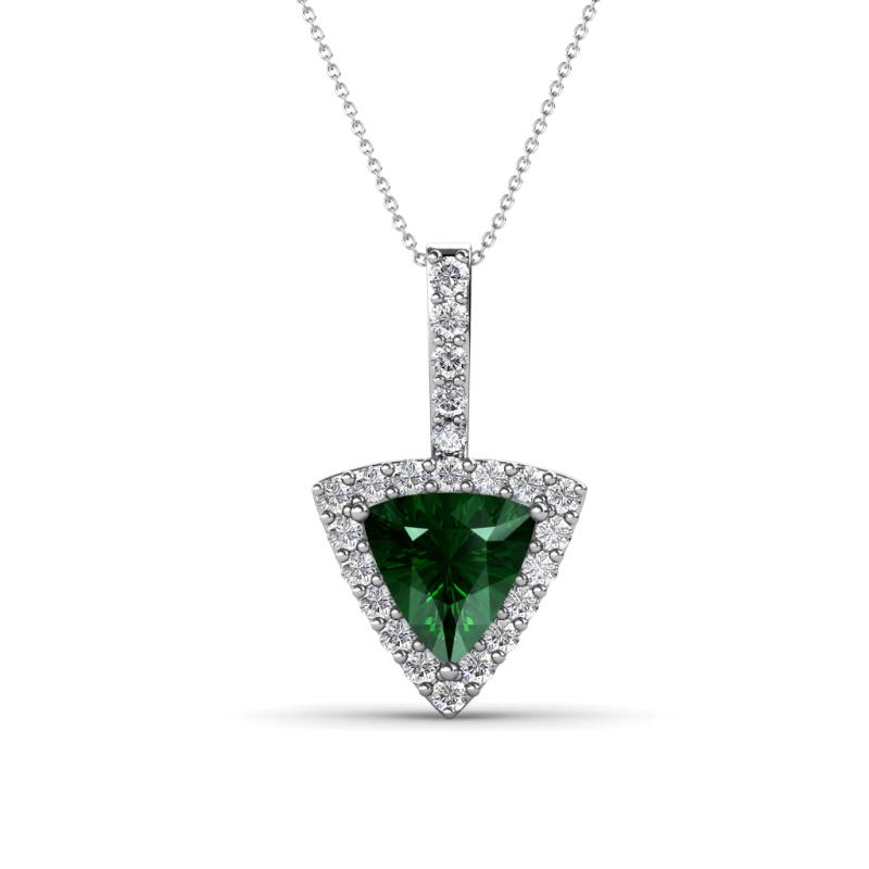 Barbara Trillion Cut Lab Created Emerald and Round Diamond Halo Pendant Necklace 