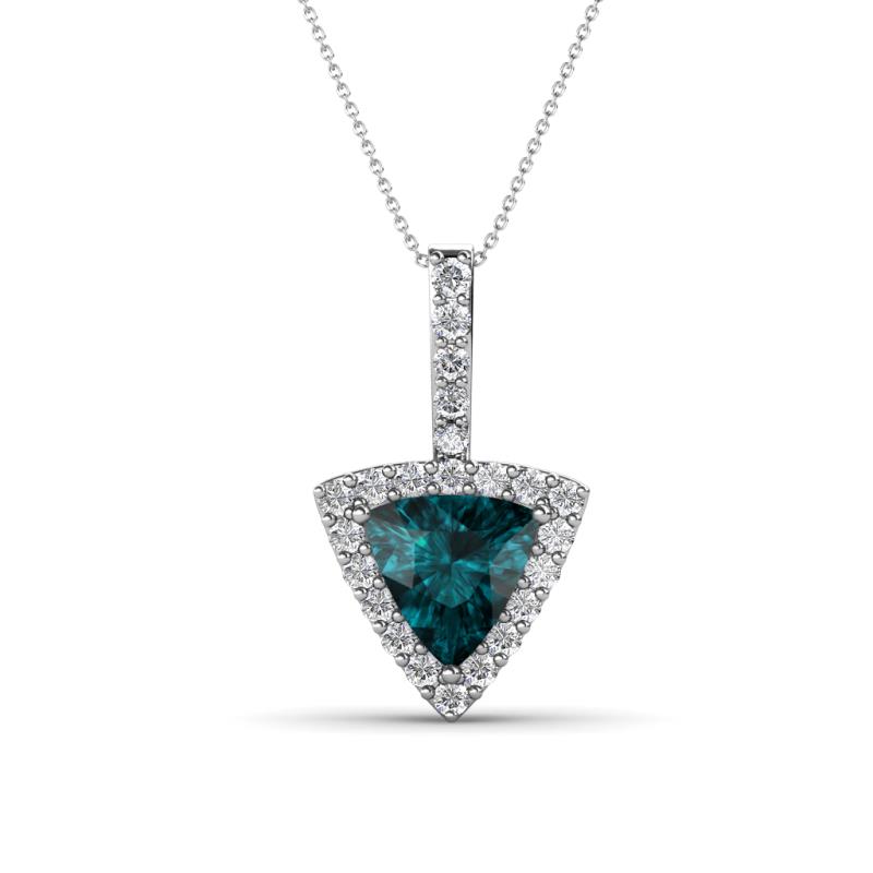 Barbara Trillion Cut London Blue Topaz and Round Diamond Halo Pendant Necklace 