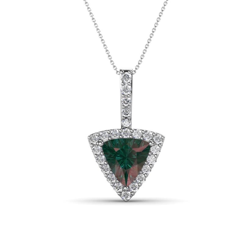 Barbara Trillion Cut Lab Created Alexandrite and Round Diamond Halo Pendant Necklace 