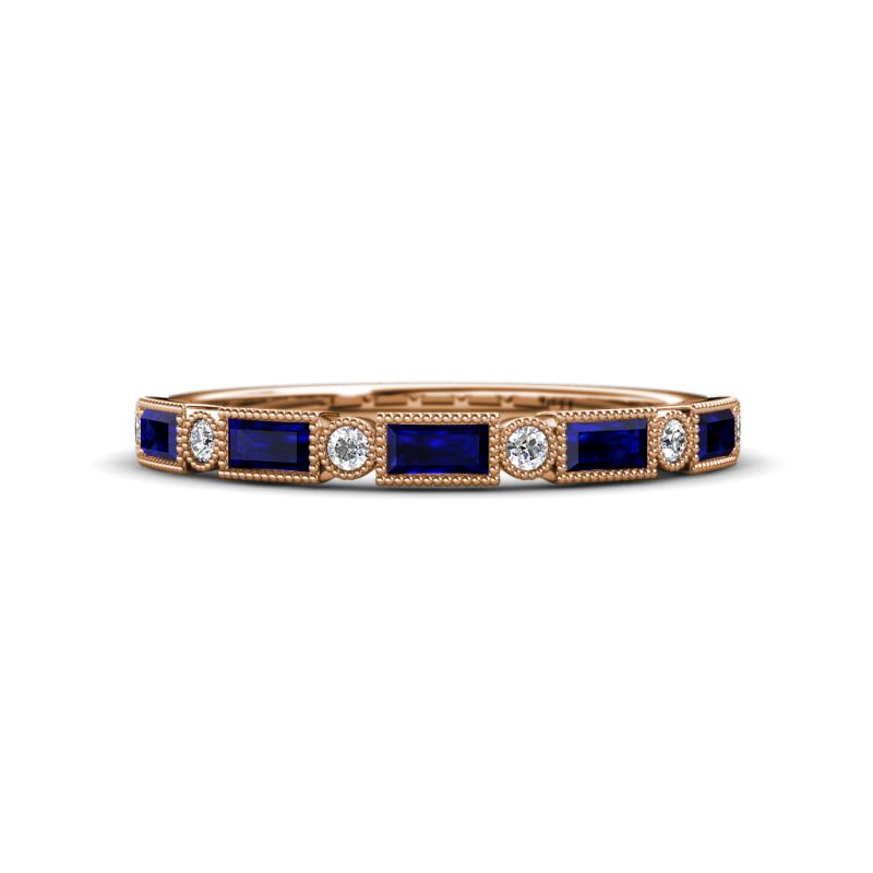 kelli Baguette Blue Sapphire and Round Diamond Milgrain Wedding Band 