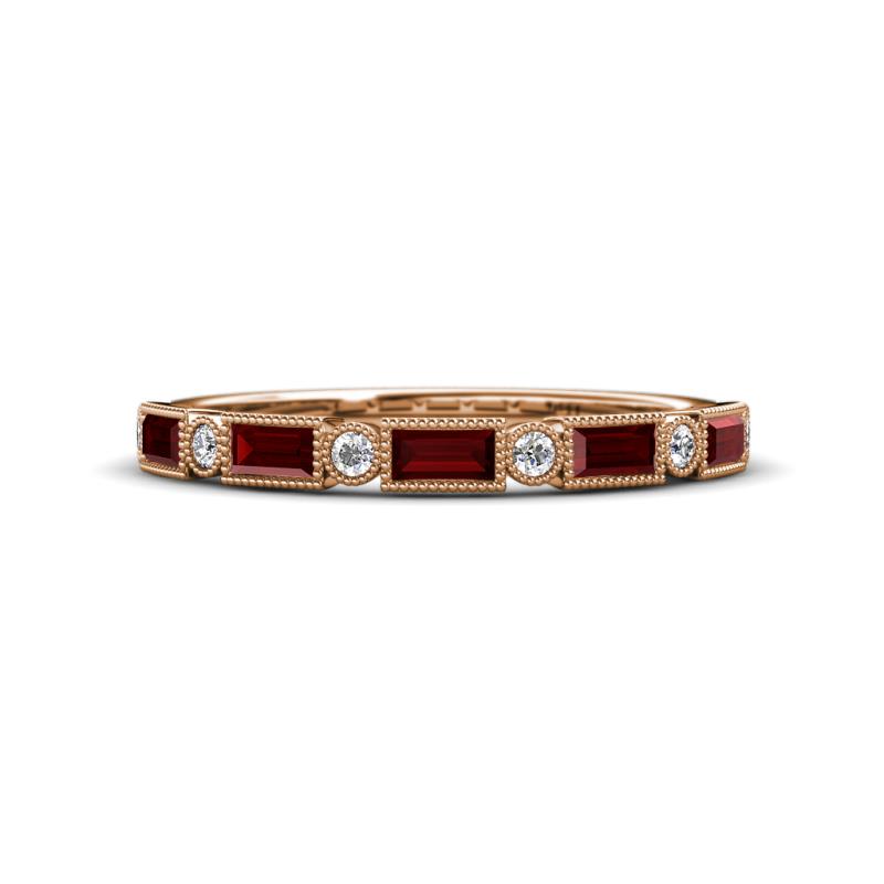 Kelli 1.02 ctw Baguette Shape Red Garnet and Round Diamond Milgrain Wedding Band 