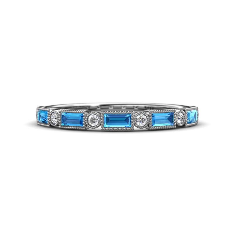 kelli Baguette Blue Topaz and Round Diamond Milgrain Wedding Band 