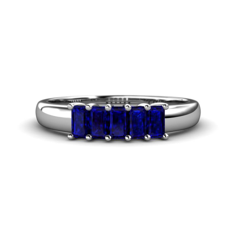 Melina 5x3 mm Emerald Cut Blue Sapphire 5 Stone Thick Shank Wedding Band 