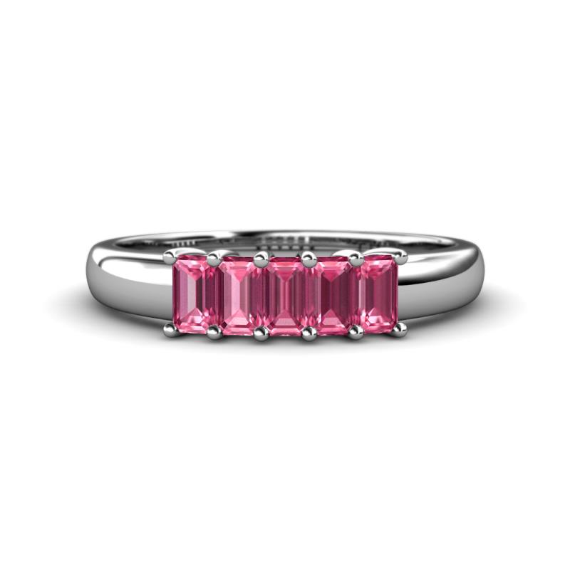 Melina 5x3 mm Emerald Cut Pink Tourmaline 5 Stone Thick Shank Wedding Band 