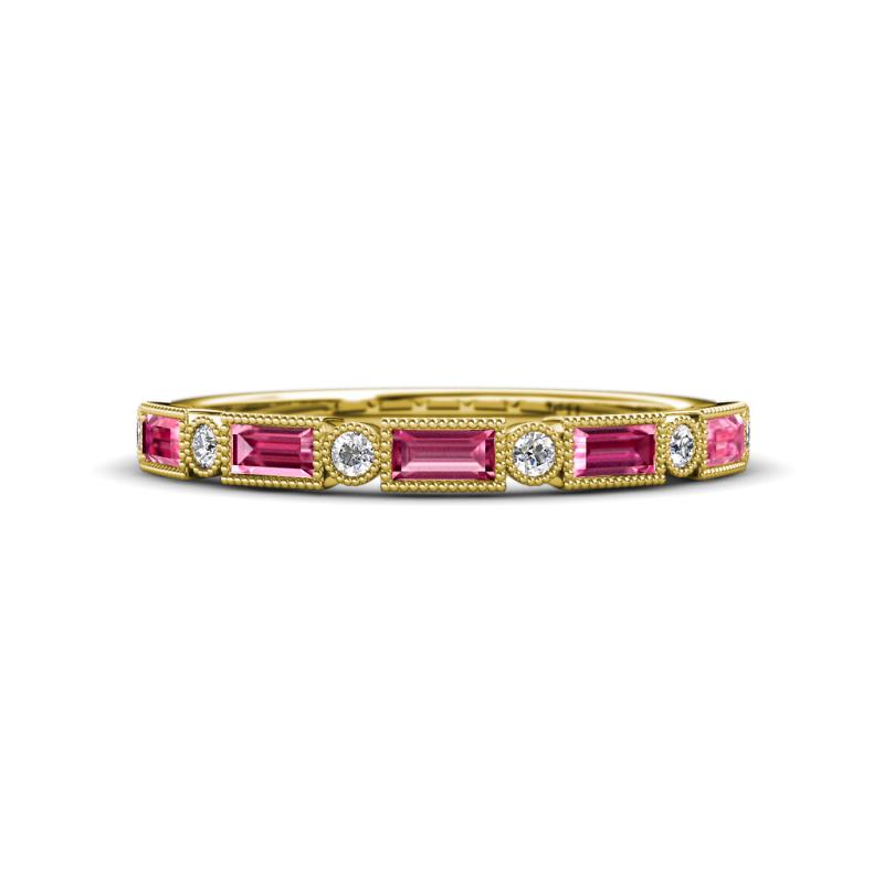 kelli Baguette Pink Tourmaline and Round Lab Grown Diamond Milgrain 11 Stone Wedding Band 