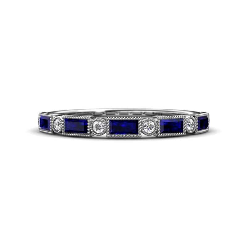 kelli Baguette Blue Sapphire and Round Lab Grown Diamond Milgrain 11 Stone Wedding Band 