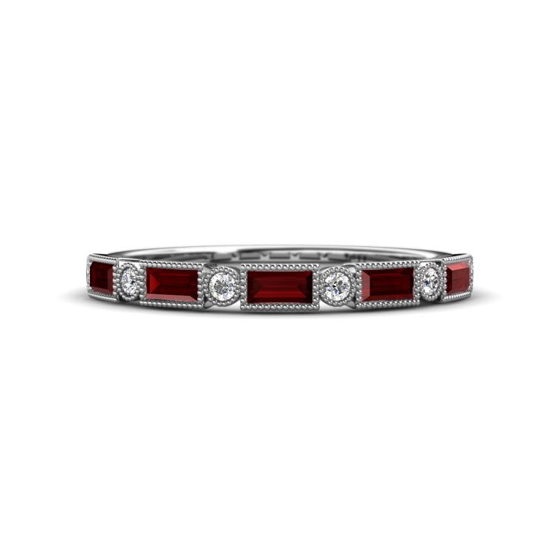 kelli Baguette Red Garnet and Round Lab Grown Diamond Milgrain 11 Stone Wedding Band 