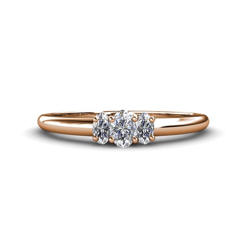 Louisa 6x4 mm Oval Cut Diamond Trellis Three Stone Engagement Ring 