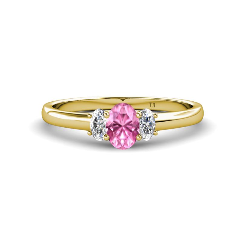 Gemma 7x5 mm Oval Cut Pink Sapphire and Diamond Trellis Three Stone Engagement Ring 