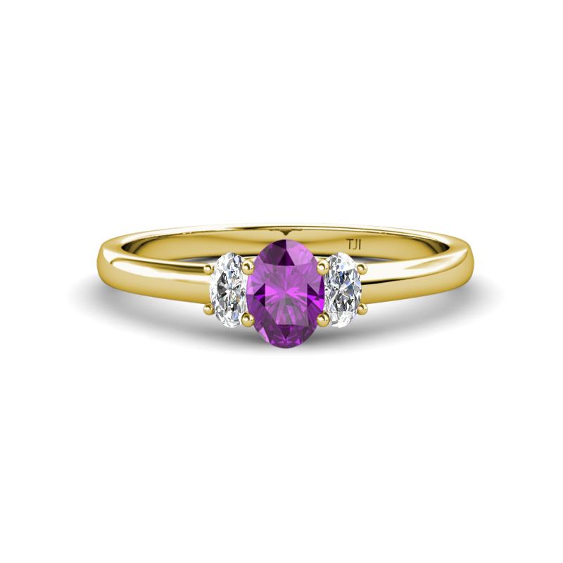 Gemma 7x5 mm Oval Cut Amethyst and Diamond Trellis Three Stone Engagement Ring 