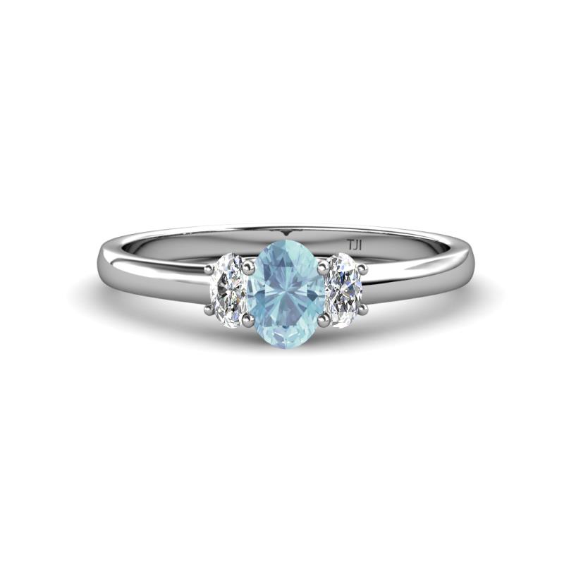 Gemma 7x5 mm Oval Cut Aquamarine and Diamond Trellis Three Stone Engagement Ring 