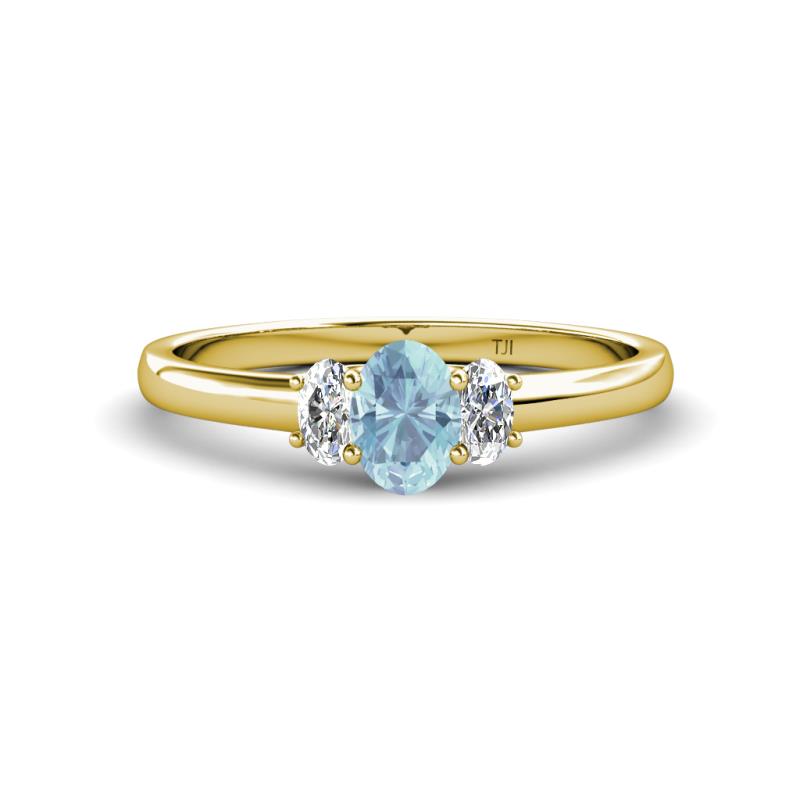 Gemma 7x5 mm Oval Cut Aquamarine and Diamond Trellis Three Stone Engagement Ring 