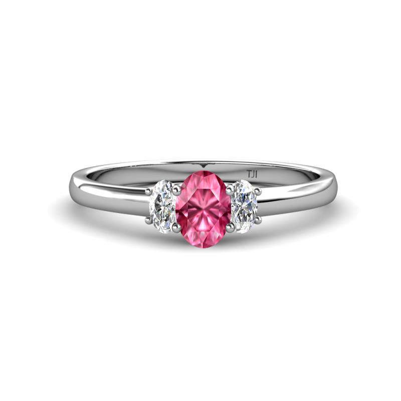 Gemma 7x5 mm Oval Cut Pink Tourmaline and Diamond Trellis Three Stone Engagement Ring 