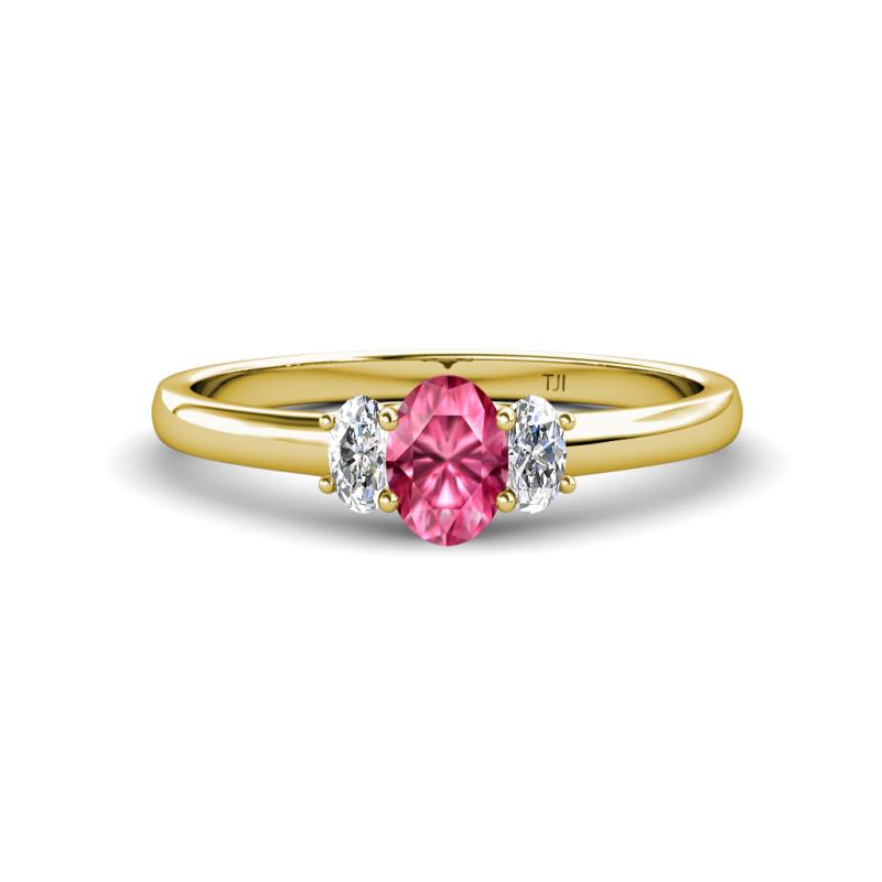 Gemma 7x5 mm Oval Cut Pink Tourmaline and Diamond Trellis Three Stone Engagement Ring 