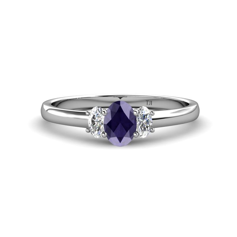 Gemma 7x5 mm Oval Cut Iolite and Diamond Trellis Three Stone Engagement Ring 