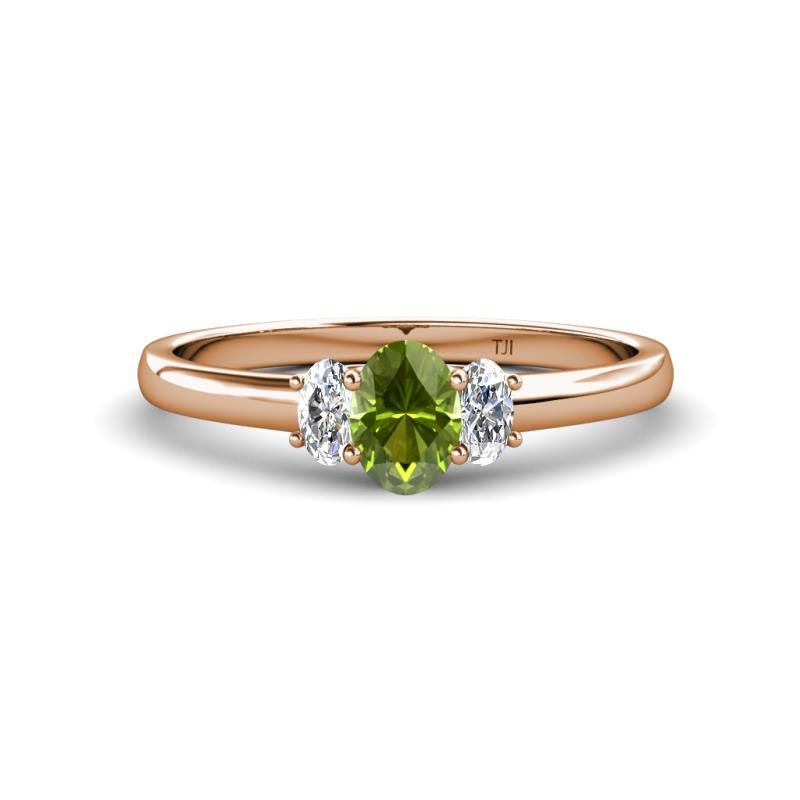 Gemma 7x5 mm Oval Cut Peridot and Diamond Trellis Three Stone Engagement Ring 